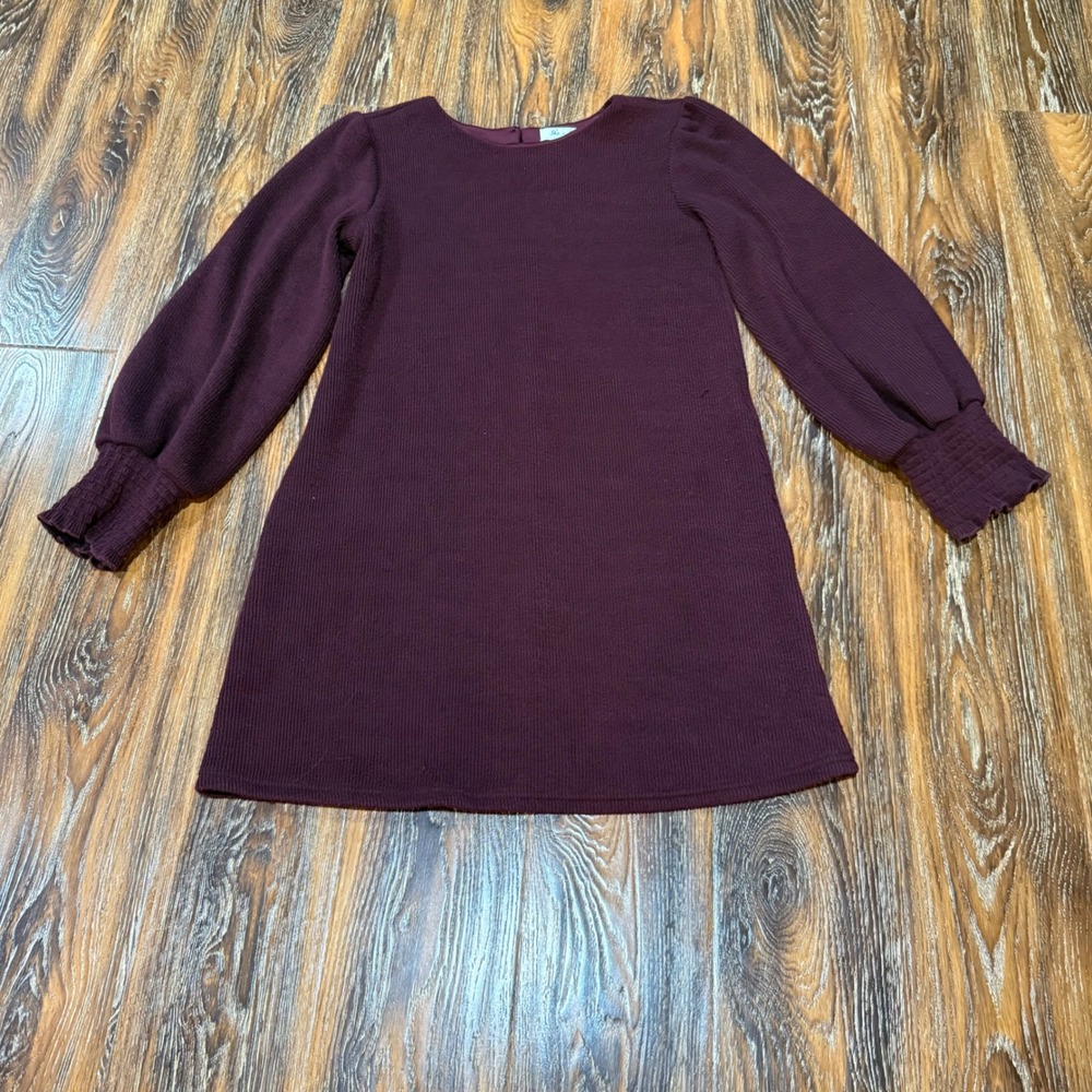 She + Sky L Ribbed Mini Dress Women Burgundy Balloon Sleeve Smocked Cuff FLAW